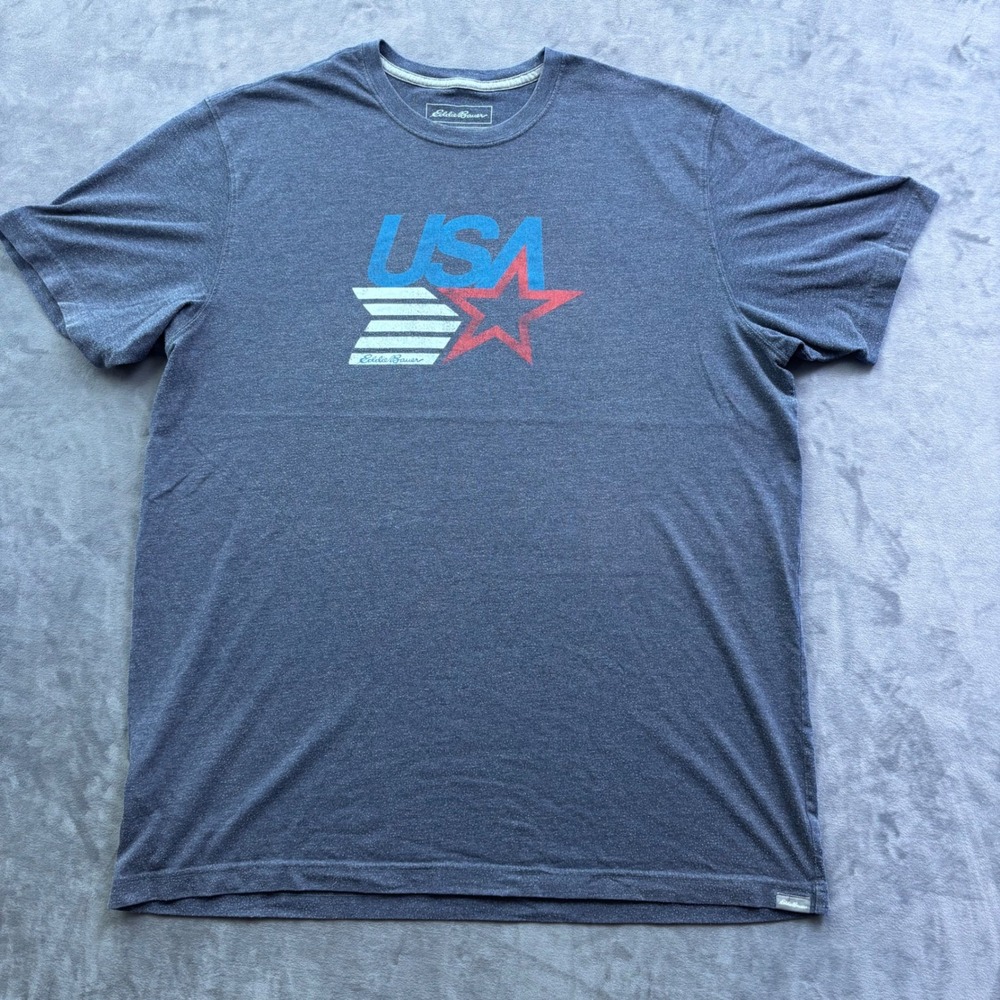 Eddie Bauer Mens TXL Legendwash USA Graphic T-Shirt Heather Navy Blue Tee